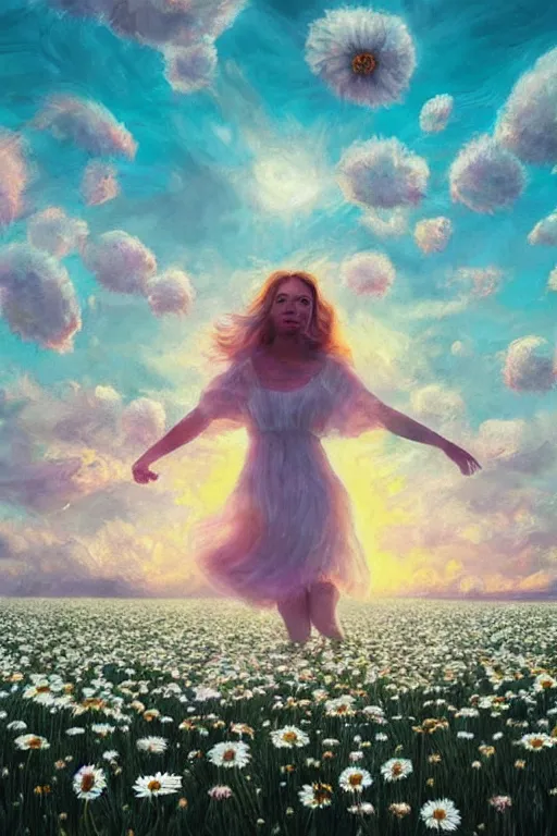 Prompt: giant white daisy flower as head, woman dancing in a flower field, surreal photography, sunrise, dramatic light, impressionist painting, colorful clouds, digital painting, artstation, simon stalenhag
