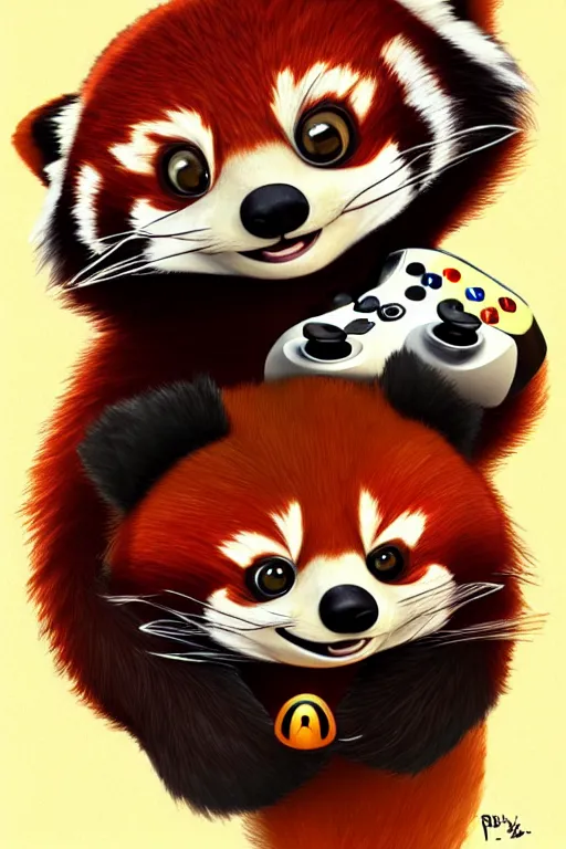 Image similar to red panda playing xbox one, animation pixar style, by pendleton ward, magali villeneuve, artgerm, rob rey and kentaro miura style, golden ratio, trending on art station