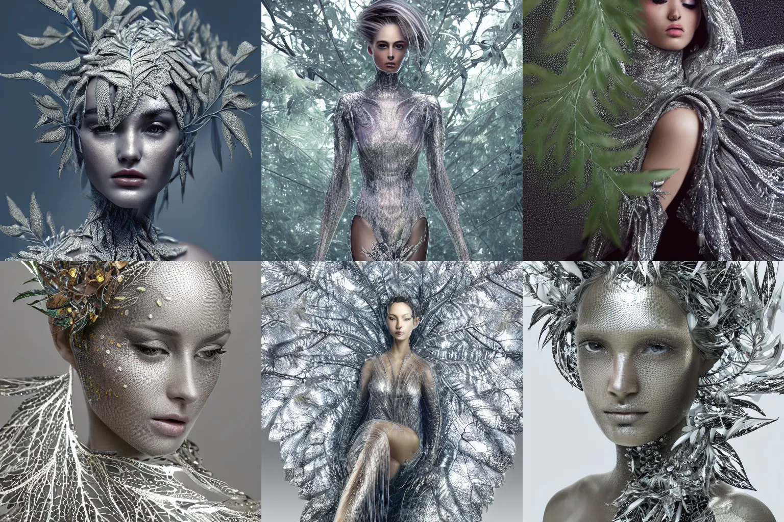 Prompt: a highly detailed digital image of a silver covered elegantly posed futuristic woman beautifully cocooned in chromatic leafy foliage like leaves shot, full body shot, by Andrew Chiampo, artstation, and Frederik Heyman, extremely detailed woman, stunning volumetric lighting, intricate details, hyper realism, fantasy, textured, stylized, 4k, k_euler_ancestral