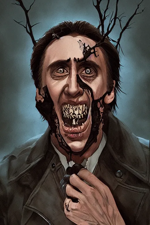 Image similar to nicolas cage in sleepy hollow, full body, big two toned eyes, teeth gritted, horror, intricate details, cinematic, epic, realistic, anatomy, tomer hanuka, uplight, artstation, photorealistic, scary