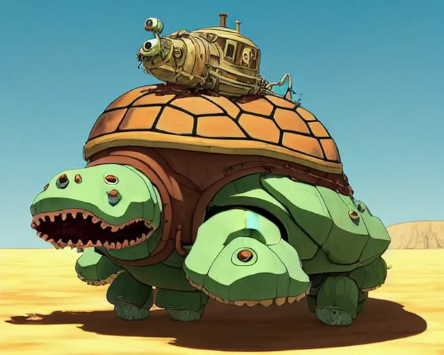 Image similar to a cell shaded cartoon giant lovecraftian mechanized turtle from howl's moving castle ( 2 0 0 4 ), with a big head, on a desert road, full body, illustration, wide shot, golden hour, post grunge, concept art by josan gonzales, wlop, by james jean, victor ngai, hq, deviantart, art by artgem