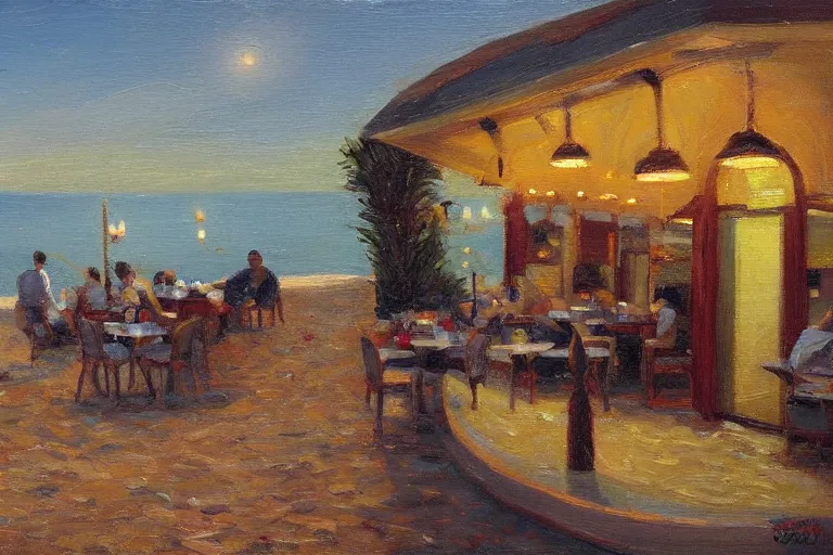 Prompt: italian restaurant on the beach, dappled light, scott christensen