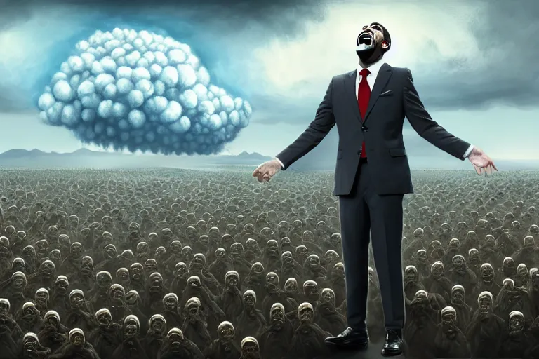 Prompt: a Comedian in suit and tie performing in a battle field with smiling dead bodies on the ground, nuclear cloud in far horizon, comedian is funny, performing to dead soldiers, apocalypse, trending on artstation, artstationHD, hyperdetailed matte painting, highly detailed, digital painting