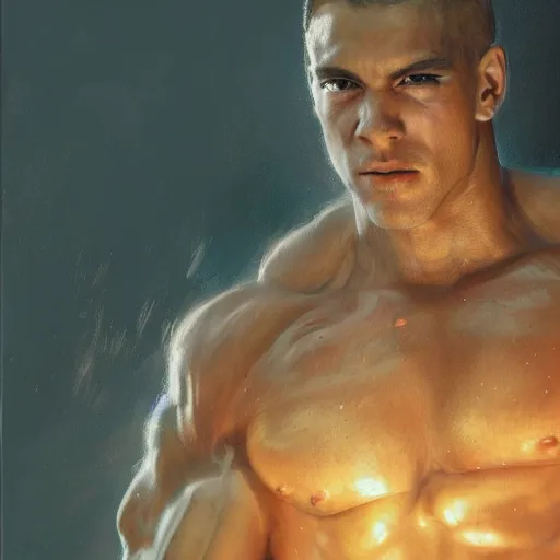 Image similar to handsome portrait of a spartan guy bodybuilder posing, radiant light, caustics, war hero, translucence, dragon ball z, by gaston bussiere, bayard wu, greg rutkowski, giger, maxim verehin