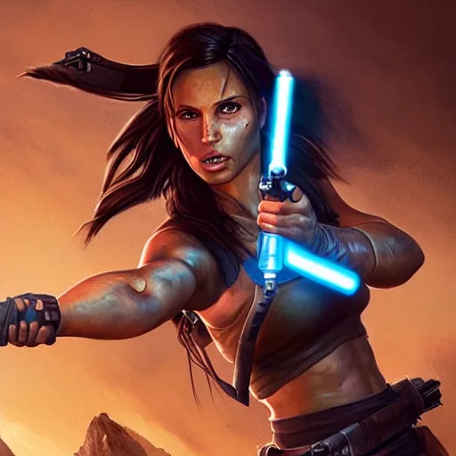 Image similar to Portrait Lara Croft wielding a blue Lightsaber, Tomb Raider, Alicia Vikander, beautiful, 4k oil on linen by wlop, artgerm, andrei riabovitchev, nuri iyem, james gurney, james jean, greg rutkowski, highly detailed, soft lighting 8k resolution