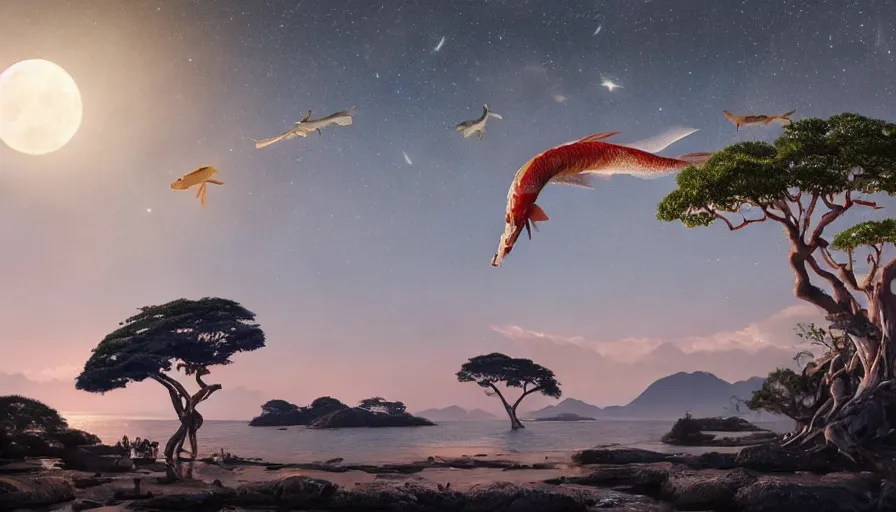 Image similar to big koi fish swimming in the sky over moonlit socotra island with dragon trees, starry night, sharp focus, wide shot, trending on artstation, masterpiece, by greg rutkowski, by ross tran, by fenghua zhong, octane, soft render, ultrarealistic, colorful, cinematic, midsommar