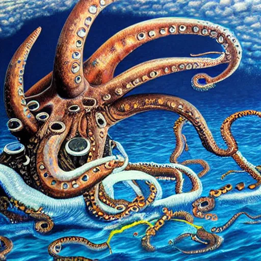 Image similar to hyper detailed painting of a ship being sunk by a giant octopus