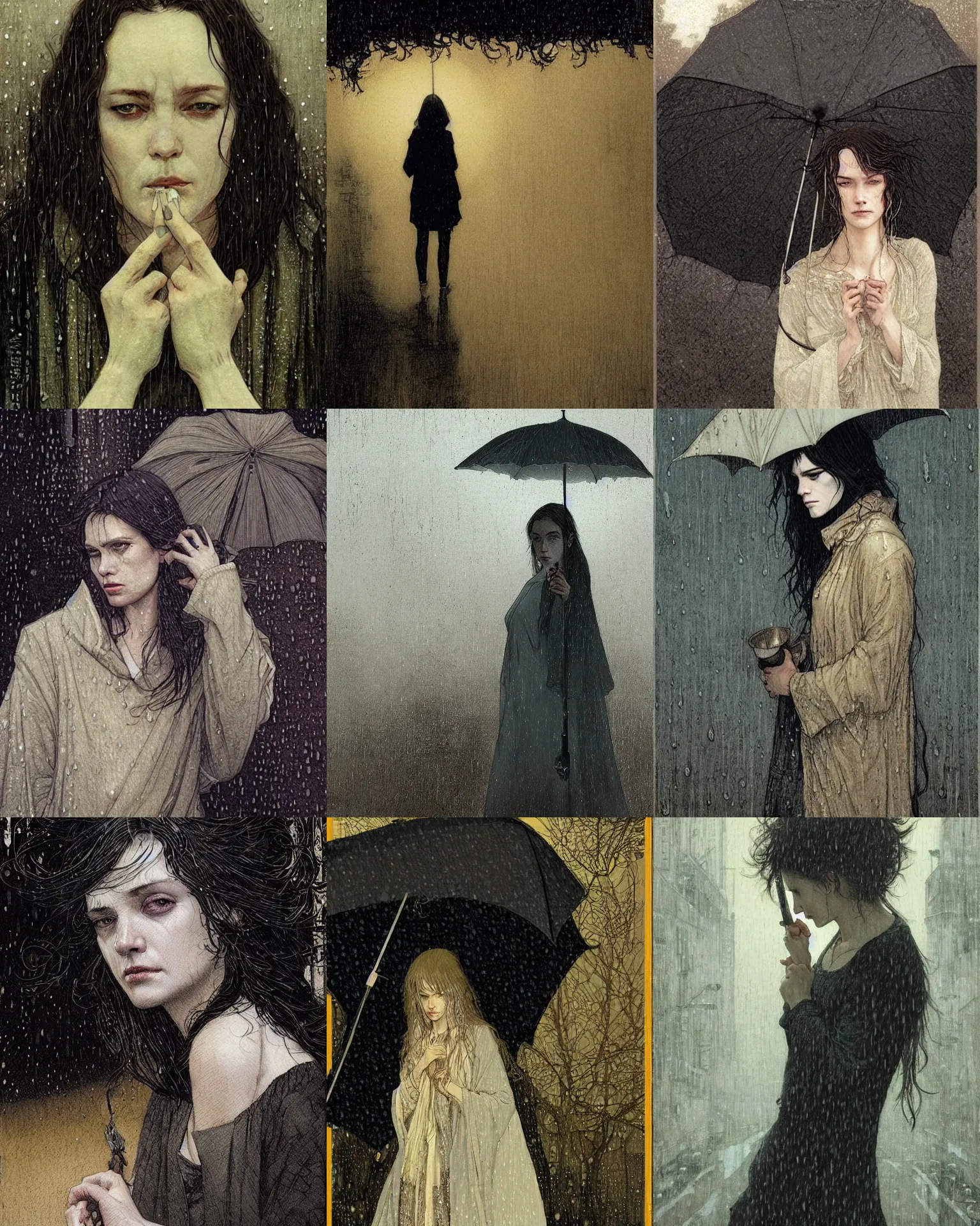 Prompt: portrait of a sad middle - aged woman, rain, street at night, melancholy, art by rebecca guay and greg rutkowski