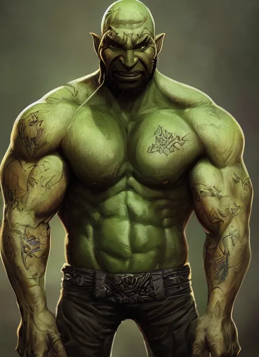 Image similar to A fantasy comic book style portrait painting of Dave Bautista as a crazed green orc, unreal 5, DAZ, hyperrealistic, octane render, RPG portrait, dynamic lighting