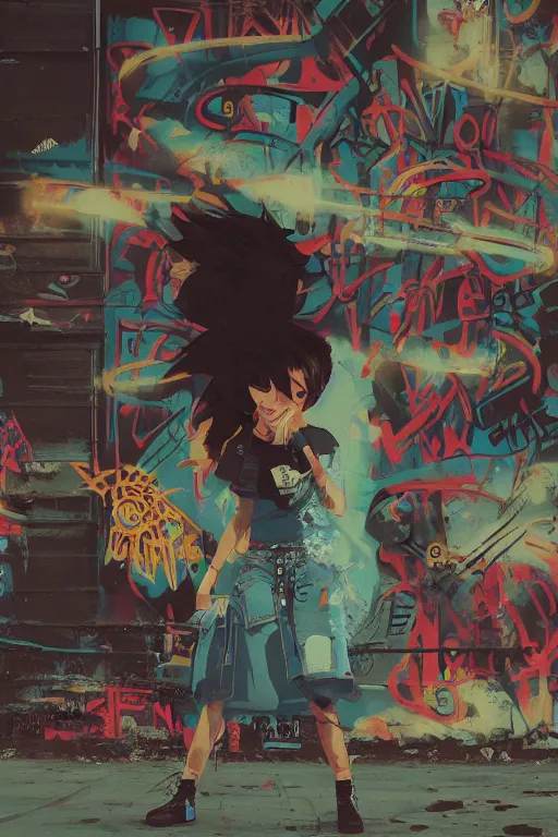 Image similar to punk girl looking at extreme graffiti tag mural maximalism by atey ghailan, by greg rutkowski, by joe fenton, yellow, brown, black and cyan color scheme, octane render