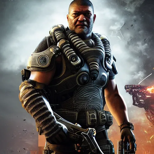 Image similar to laurence fishburne in gears of war destiny 2 overwatch witcher 3 god of war tomb raider cyberpunk 2 0 7 7 doom, highly detailed, extremely high quality, hd, 4 k, professional photographer, 4 0 mp, lifelike, top - rated, award winning, realistic, detailed lighting, detailed shadows, sharp, edited, corrected, trending