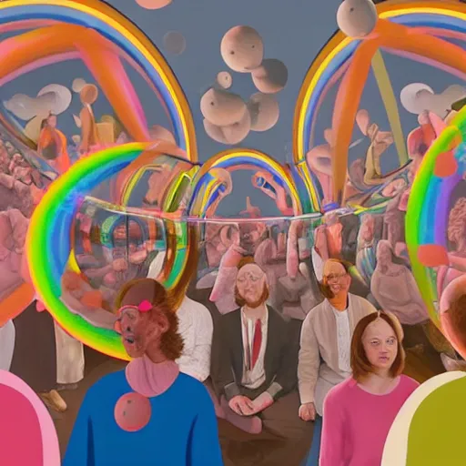 Image similar to A fine art painting of a group of people in a room full of spheres, the people are wearing pale pink clothing and each wearing a Vr headset. Each person is connected to another person by a rainbow that emits from each Vr headset. In the style of Wes Anderson and Biblical paintings