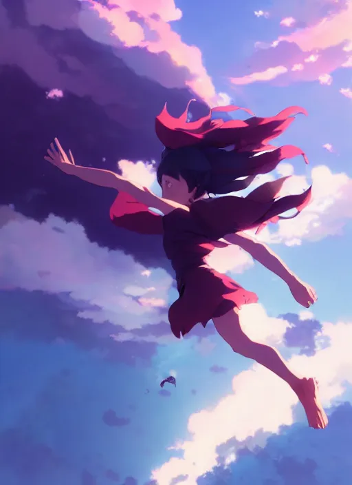 Prompt: girl flying towards a deep abyss in the air, illustration concept art anime key visual trending pixiv fanbox by wlop and greg rutkowski and makoto shinkai and studio ghibli