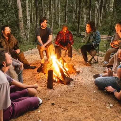 Prompt: god talking with 6 people around a campfire, realistic