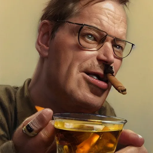 Image similar to barney from barney the dinosaur drinking whisky and smoking a cigar, portrait art by donato giancola and greg rutkowski, realistic face, digital art, trending on artstation