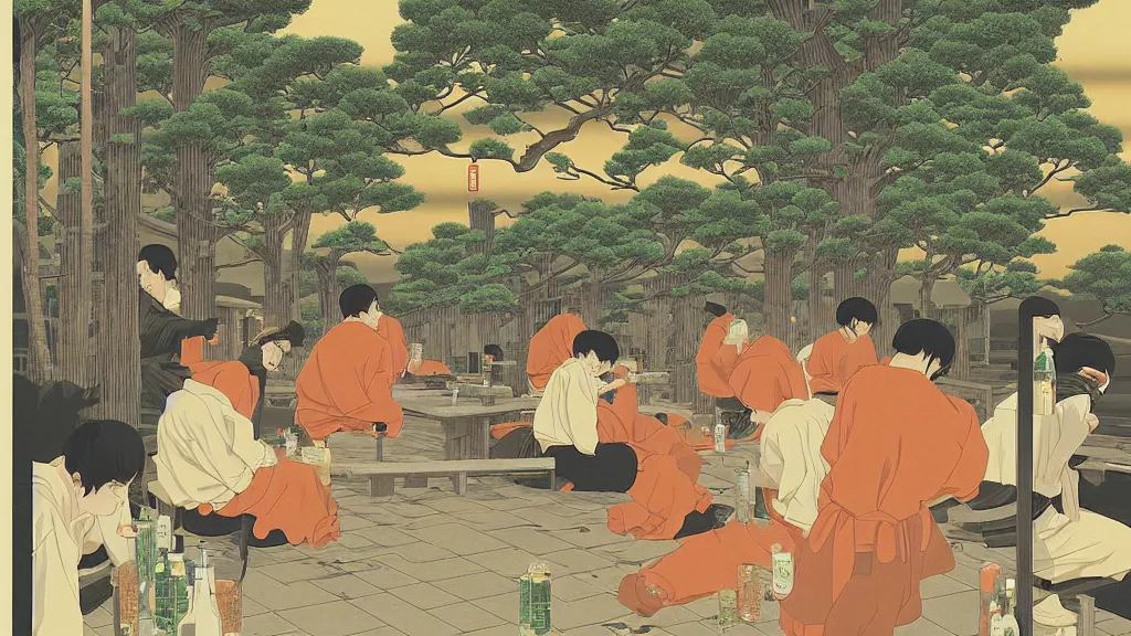 Image similar to There was a bar that ran out of water, everyone was thirsty and was drinking orange juice and other soft drinks to satiate their thirst, screen print by Kawase Hasui and dan hillier, 8k unreal engine