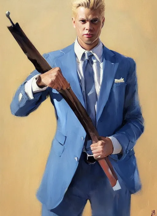 Image similar to greg manchess portrait painting of a blond man in a blue suit with a sword and a pistol, asymmetrical, profile picture, organic painting, sunny day, matte painting, bold shapes, hard edges, street art, trending on artstation, by huang guangjian, gil elvgren, ruan jia, randy vargas, greg rutkowski