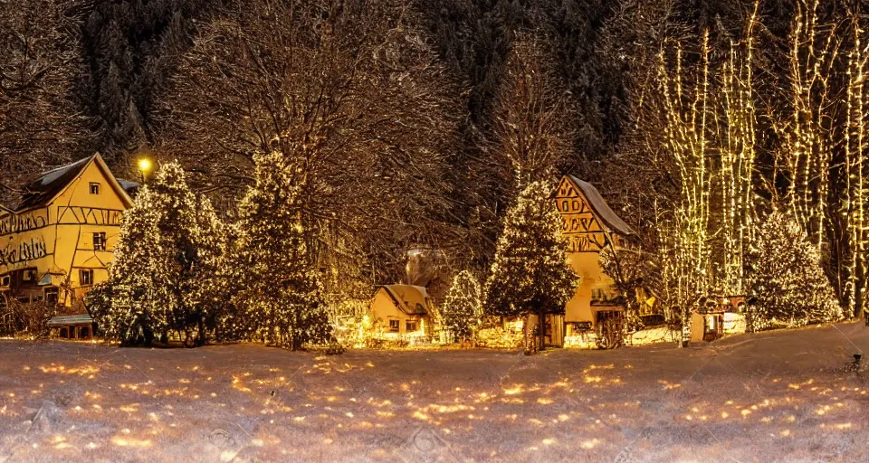 Image similar to an abandoned village in the black forest at midnight illuminated by christmas lights