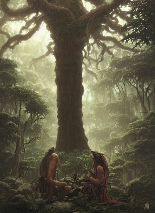 Prompt: a shaman sitting in the jungle, a tree behind him with a giant face of an old man in the trunk, hyper detailed, high contrast, art by christophe vacher