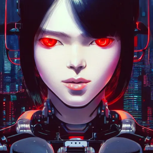 Prompt: A beautiful cyborg woman with big and cute eyes || ANIME, fine-face, red and black robotic parts, realistic shaded perfect face, fine details. Anime. realistic shaded lighting poster by Ilya Kuvshinov katsuhiro otomo ghost-in-the-shell, magali villeneuve, artgerm, Jeremy Lipkin and Michael Garmash, Rob Rey and Kentarõ Miura style, trending on art station