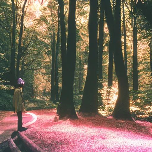 Image similar to 1 9 9 0 s candid 3 5 mm photo of a beautiful forest in tokyo, cinematic lighting, cinematic look, golden hour, the clouds are epic and colorful with cinematic rays of light, a man walks down the center of the forest with a beanie on, photographed by petra collins, uhd