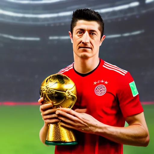 Prompt: portrait of Robert Lewandowski holding World Cup trophy, 4k, hq, high details, natural light, perfect quality, professional photography, award winning photo, a lot of details, perfect face