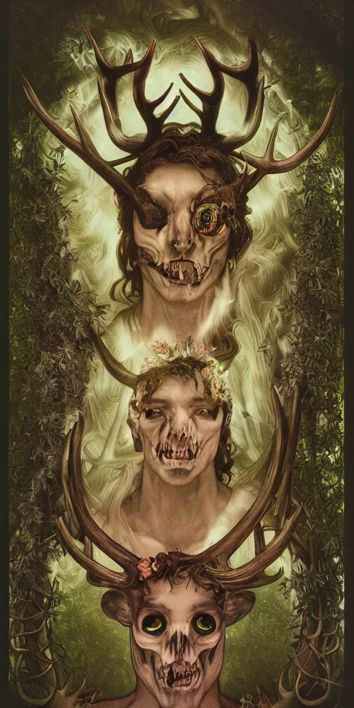 Image similar to intense bioluminescent pagan god with antlers and fangs and intense glowing eyes with a bull skull in very dark forest by mark ryden and alphonse mucha, portrait, fantasy, clear, light beams, lens flare, intense, uhd, amazing depth, cinematic lighting