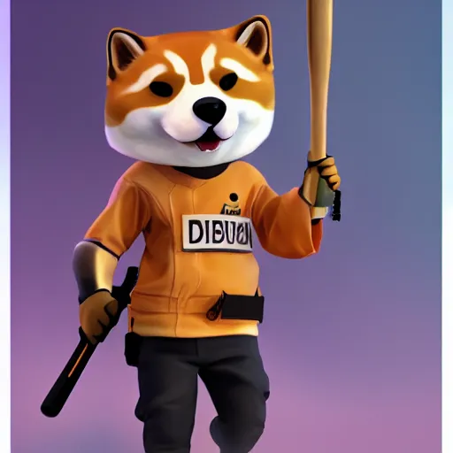 Image similar to shiba inu holding a baseball bat on his hand, police outfit, cinematic lightning, 4 k, ultra detailed, trending on artstation, anime, masterpiece, digital art.