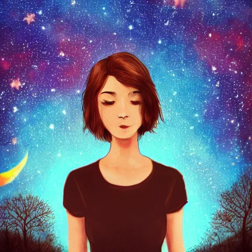 Image similar to an hd photo of a young woman with short brown hair, background of beautiful trees and night sky with colorful stars and galaxies, trending on artstation