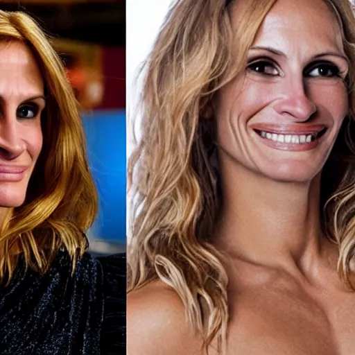 Image similar to first photos of 2 0 2 4 female 3 0 0 remake - muscular julia roberts as leonidas, put on 1 0 0 pounds of muscle, looks different, steroids, hgh, ( eos 5 ds r, iso 1 0 0, f / 8, 1 / 1 2 5, 8 4 mm, postprocessed, crisp face, facial features )