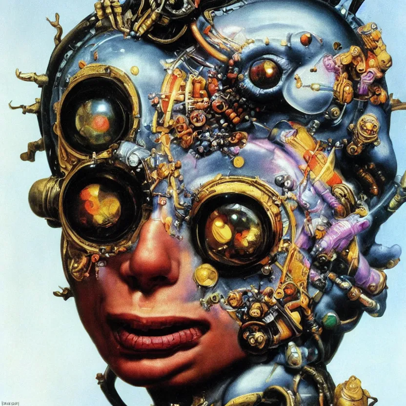Prompt: a baroque close - up portrait of a cosmic alien fantasy cyborg shaman god wearing facepaint and a colorful laser eyes, holding a black orb. black background. studio lighting, big eyes. highly detailed science fiction fantasy painting by norman rockwell, moebius, frank frazetta, syd mead, and sandro botticelli. high contrast. renaissance masterpiece. artstation.