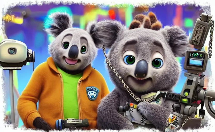 Image similar to “ cute koala with very big eyes, wearing a bandana and chain, holding a laser gun, standing on a desk, digital art, award winning, in the style of the movie zootopia ”