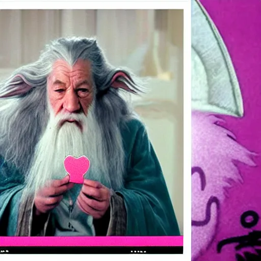 Image similar to portrait of gandalf, Hello Kitty hairdo, holding a blank playing card up to the camera, movie still from the lord of the rings