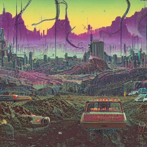 Image similar to an epic hyperdetailed matte painting of a retro vintage sci fi landscape by moebius and simon stalenhag and geoff darrow and dan mumford