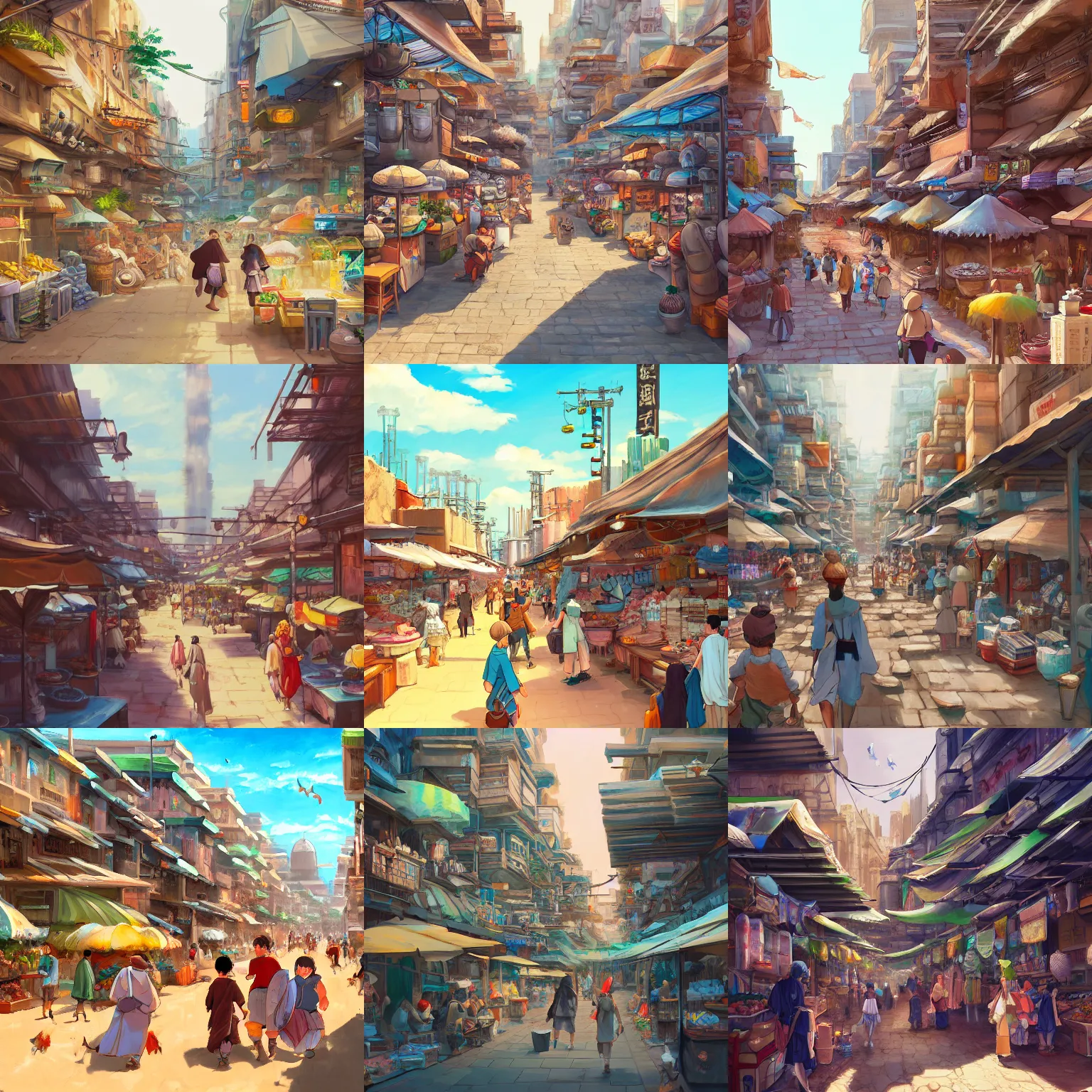 Prompt: Market with merchants spread across an alley, desert city, vertical architecture, full of life, vivid, lively, sunny, Studio Ghibli, 4K digital painting trending on Artstation