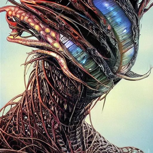 Image similar to a simple concept art portrait of a predatory alien species. an award winning yoshitaka amano digital art poster color painting. a masterpiece by james gurney. poster colour on canvas.