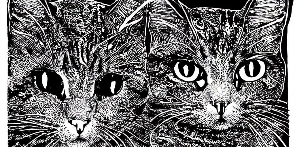 Image similar to cat doodle by visoth kakvei, black and white intricate detailed black ink illustration, sharp, charcoal art