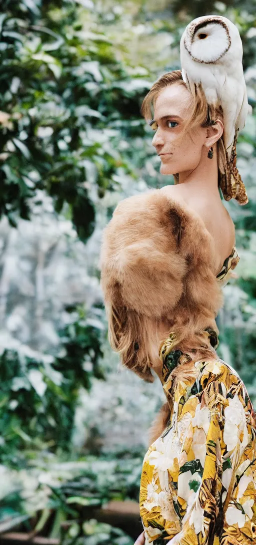 Prompt: head to shoulder portrait film photograph of an elegant top model wearing a yellow kimono with a very detailed barn owl on her shoulder!!! in a tropical greenhouse. looking at the camera!!. super resolution. 85 mm f1.8 lens.bokeh. graflex. by Alessio albi !