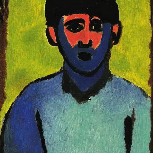 Image similar to painting of a iraqi boy, in a jungle, by alexej von jawlensky