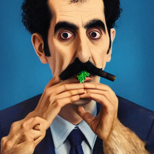 Image similar to A portrait of borat sagdiyev smoking a rolled marijuana joint, 8k, hyper-detailed