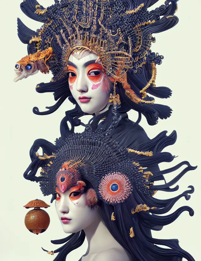 Image similar to 3 d goddess close - up profile portrait with crown, ram skull. beautiful intricately detailed japanese crow kitsune mask and clasical japanese kimono. betta fish, jellyfish phoenix, bio luminescent, plasma, ice, water, wind, creature, artwork by tooth wu and wlop and beeple and greg rutkowski