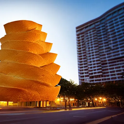 Image similar to a towering impressive building made of bread, cheese, and lunchmeat, dramatic lighting, bokeh, designed by frank gehry