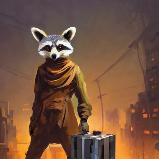 Prompt: greg manchess painting of a trash panda character, holding a box of cables and standing next to old electronic equiptment, medium shot, asymmetrical, profile picture, organic painting, night time, matte painting, bold shapes, hard edges, street art, trending on artstation, by huang guangjian and gil elvgren and sachin teng