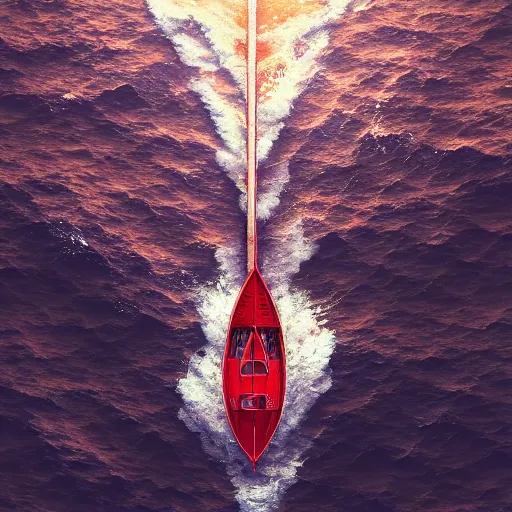 Prompt: a lonely boat swinging in the red ocean, top view, intense waves, depressing atmosphere, characterized by roman shipunov, etienne hebinger, atey ghailan, cgsociety, cynical realism, fantasy art, 2 d game art