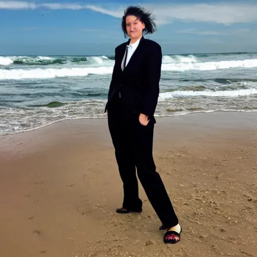 Image similar to Tomboy in a punk business suit at the beach