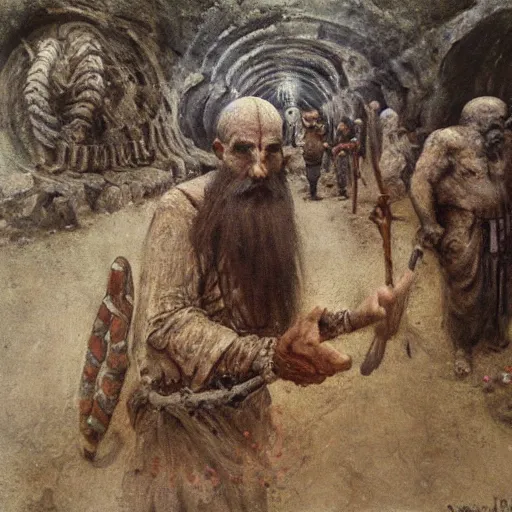 Image similar to sumerian underground city ancient dwarves, drawn by viktor vasnetsov, oil painting, harsh fairy tale, soft style, hyperrealism, beautiful, high resolution, trending on artstation,