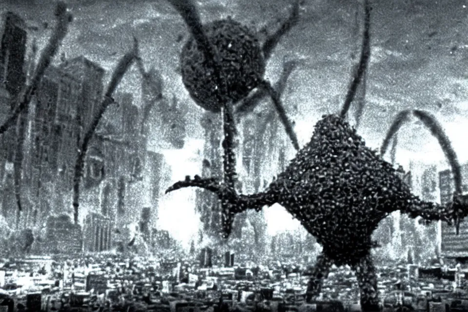 Prompt: still image taken from sci fi horror movie of a giant praying phage attacking a city. low camera angle. 1 9 6 0.