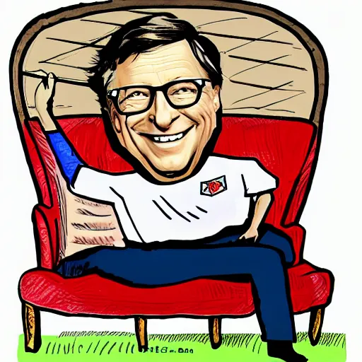 Image similar to caricature of Bill Gates pole vaulting over a giant chair