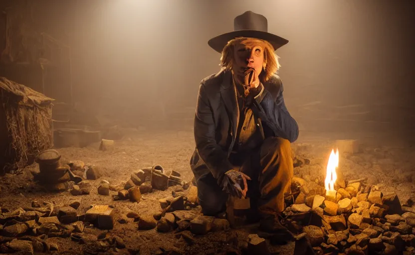 Image similar to a dirty golden retriever in a dark mine wearing a wild west hat and jacket with large piles of gold nuggets nearby, dim moody lighting, wooden supports, wall torches, cinematic style photograph