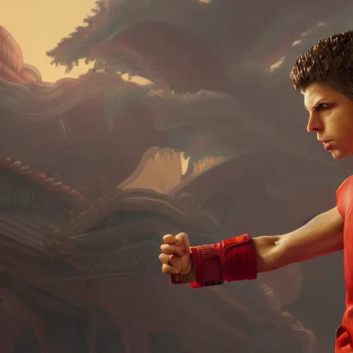 Image similar to michael cera as ken masters street fighter, ultra realistic, concept art, intricate details, highly detailed, photorealistic, octane render, 8 k, unreal engine, art by frank frazetta, simon bisley, brom